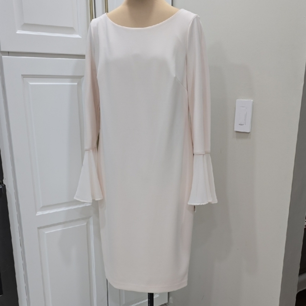 Calvin Klein Pink Long Sleeve Sheath Dress with Ruffled Bell Sleeves